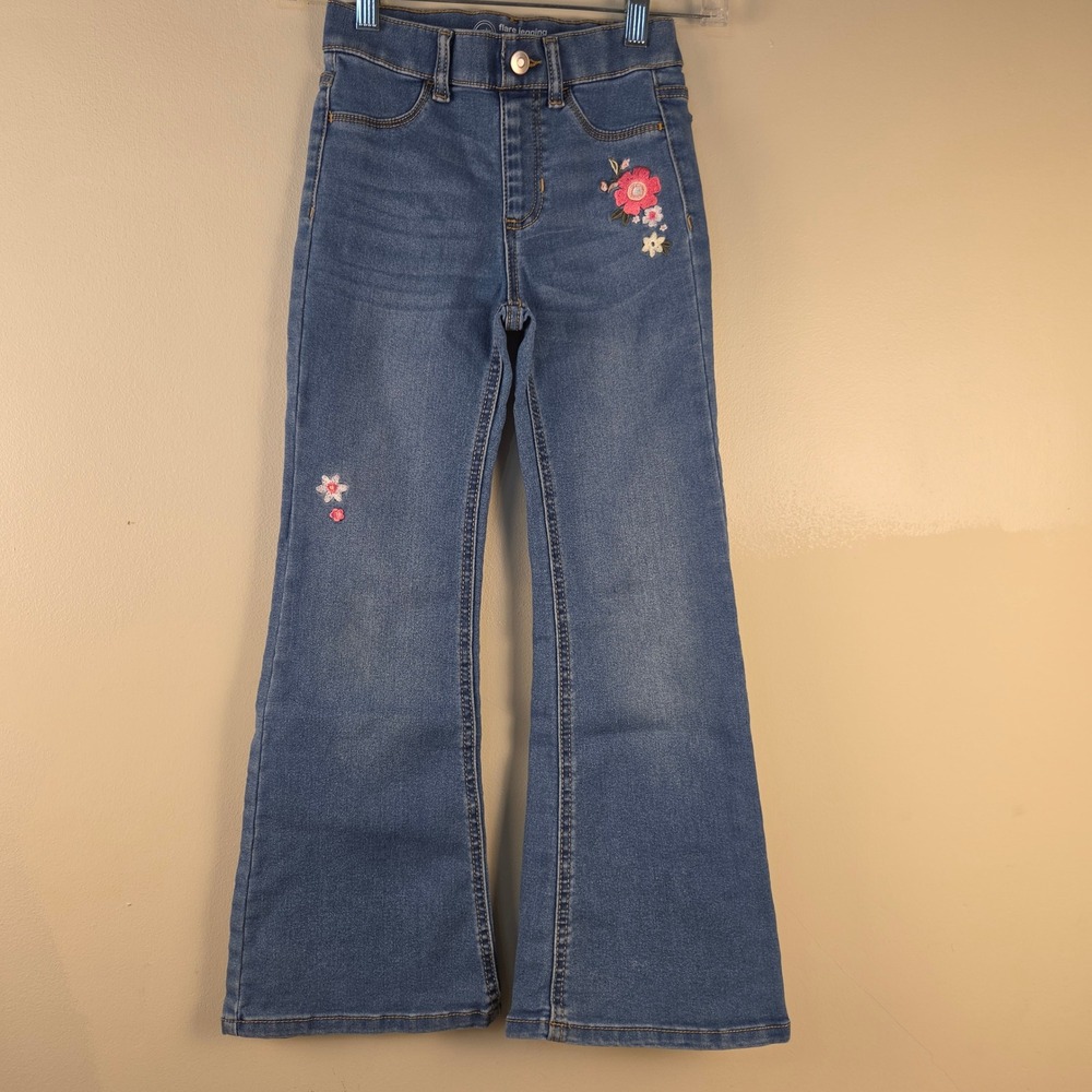 Wonder Nation Girls Floral Embroidered Flare Jegging Blue Denim Jeans Size M 7-8